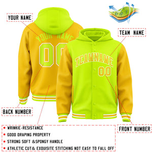 Custom Neon Green Gold Raglan Sleeves Varsity Full-Snap Letterman Two Tone Hoodie Jacket