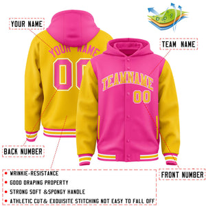 Custom Pink Gold Raglan Sleeves Varsity Full-Snap Letterman Two Tone Hoodie Jacket