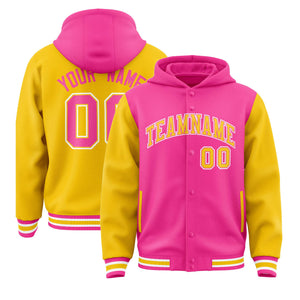 Custom Pink Gold Raglan Sleeves Varsity Full-Snap Letterman Two Tone Hoodie Jacket