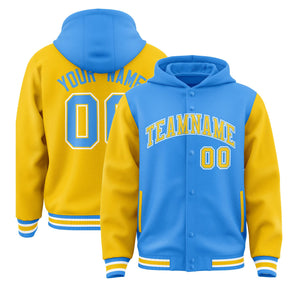 Custom Powder Blue Gold Raglan Sleeves Varsity Full-Snap Letterman Two Tone Hoodie Jacket