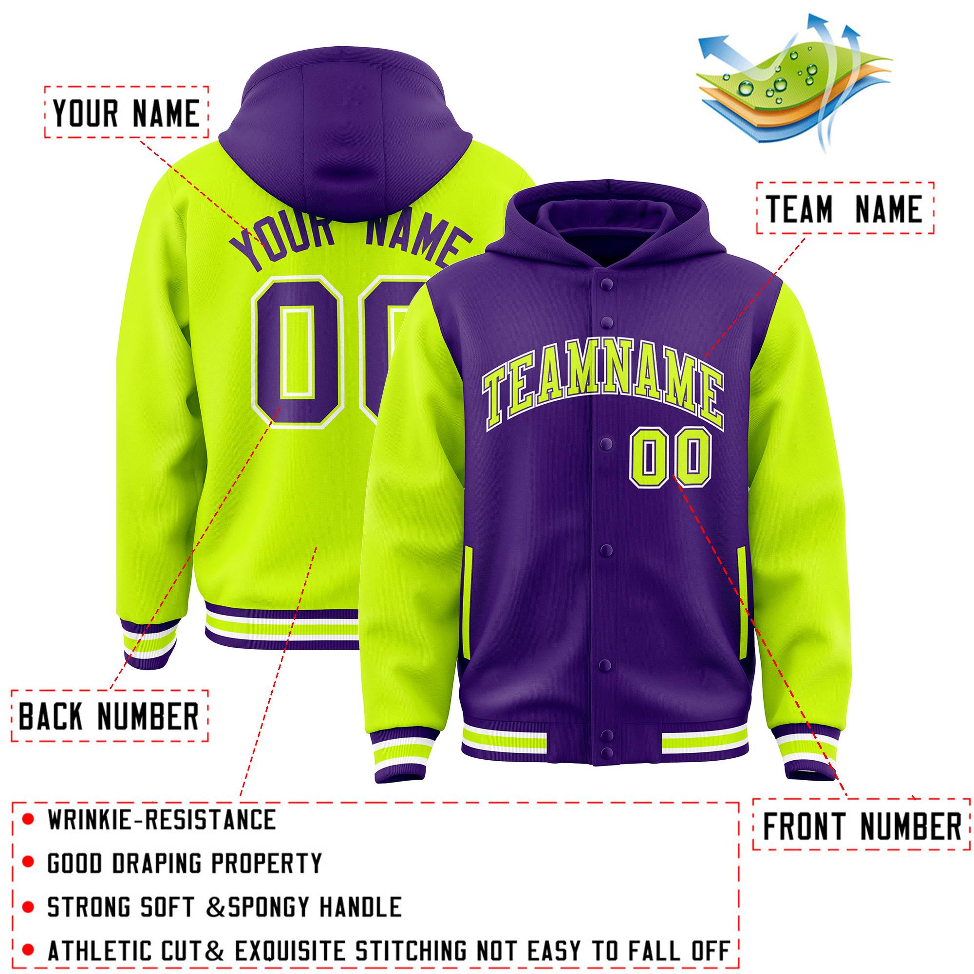 Custom Purple Neon Green Raglan Sleeves Varsity Full-Snap Letterman Two Tone Hoodie Jacket