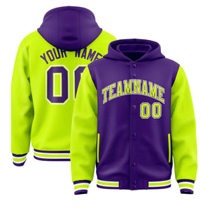 Custom Purple Neon Green Raglan Sleeves Varsity Full-Snap Letterman Two Tone Hoodie Jacket