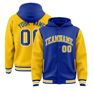 Custom Royal Gold Raglan Sleeves Varsity Full-Snap Letterman Two Tone Hoodie Jacket