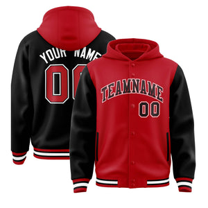 Custom Red Black Raglan Sleeves Varsity Full-Snap Letterman Two Tone Hoodie Jacket