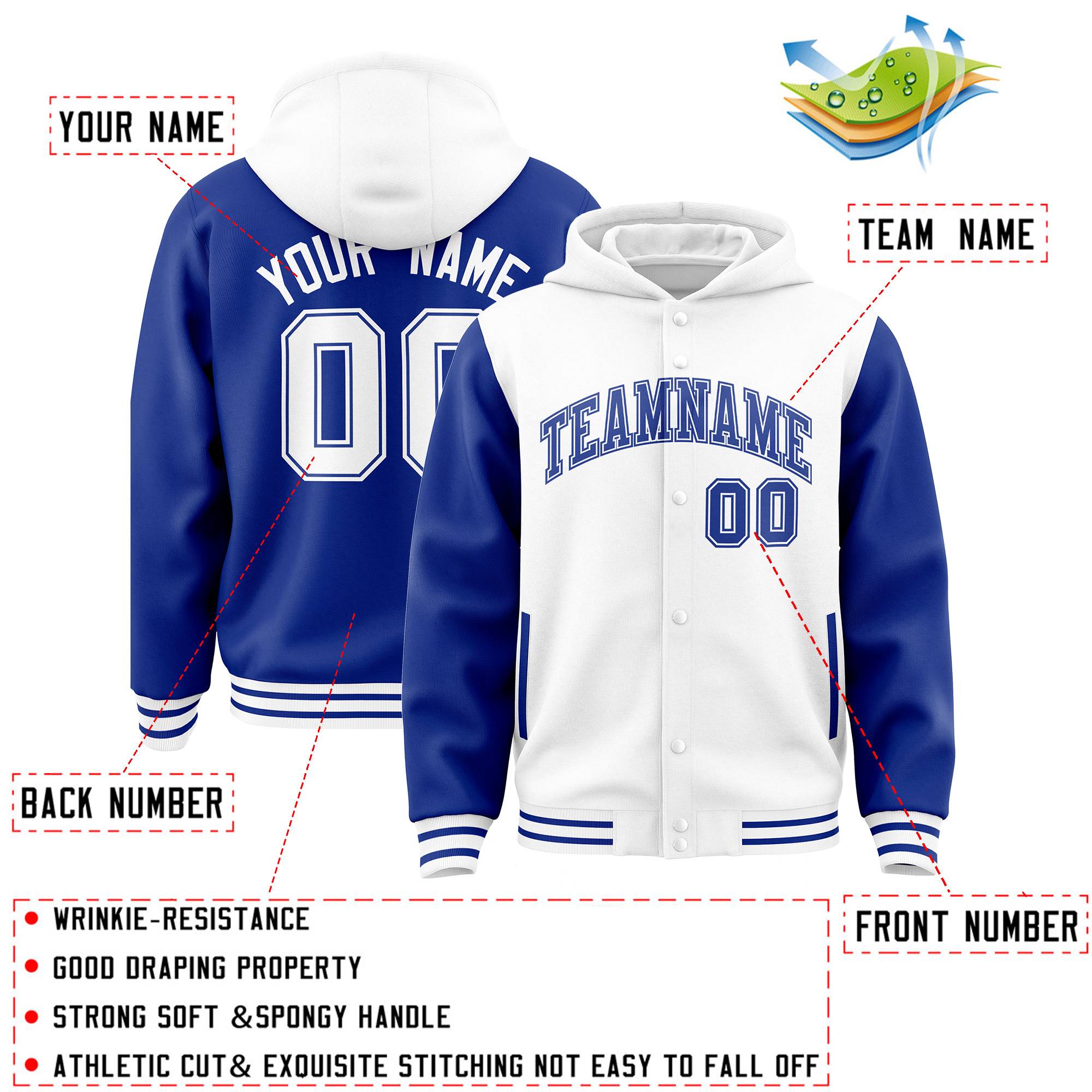 Custom White Royal Raglan Sleeves Varsity Full-Snap Letterman Two Tone Hoodie Jacket