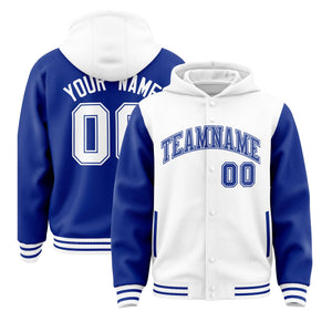 Custom White Royal Raglan Sleeves Varsity Full-Snap Letterman Two Tone Hoodie Jacket