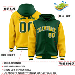 Custom Green Gold Raglan Sleeves Varsity Full-Snap Letterman Two Tone Hoodie Jacket