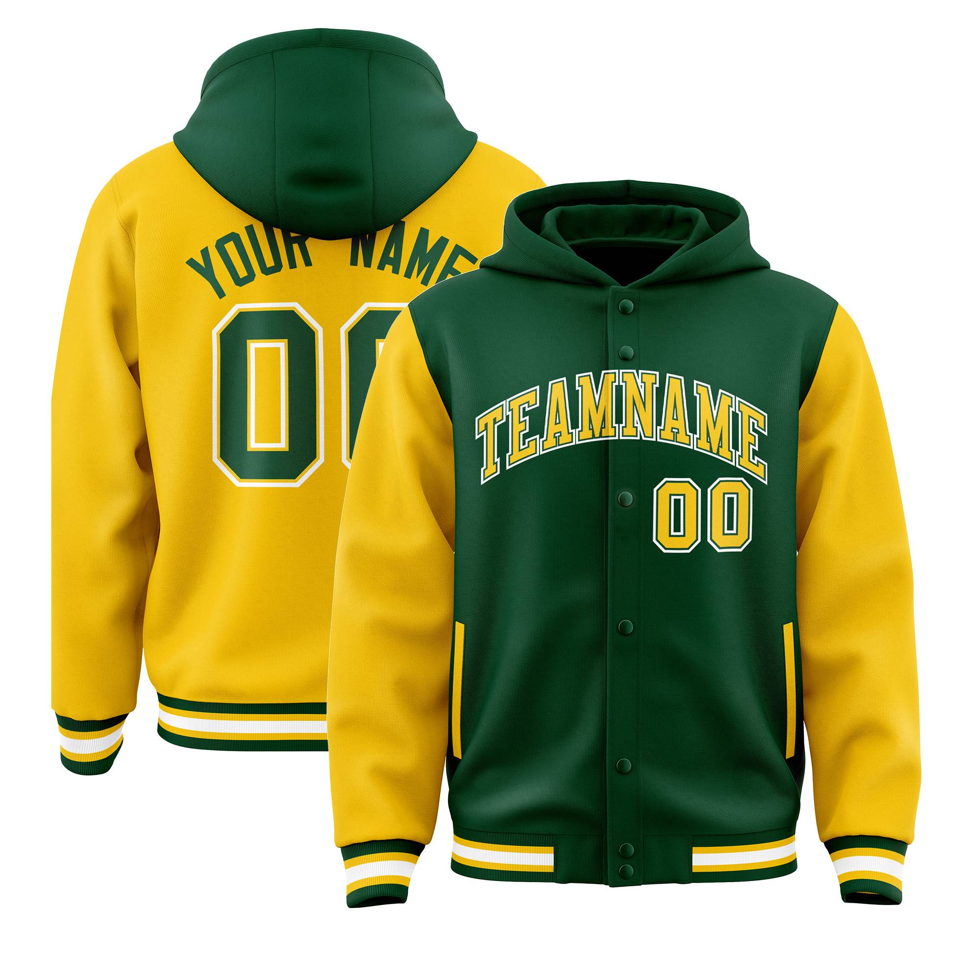 Custom Green Gold Raglan Sleeves Varsity Full-Snap Letterman Two Tone Hoodie Jacket