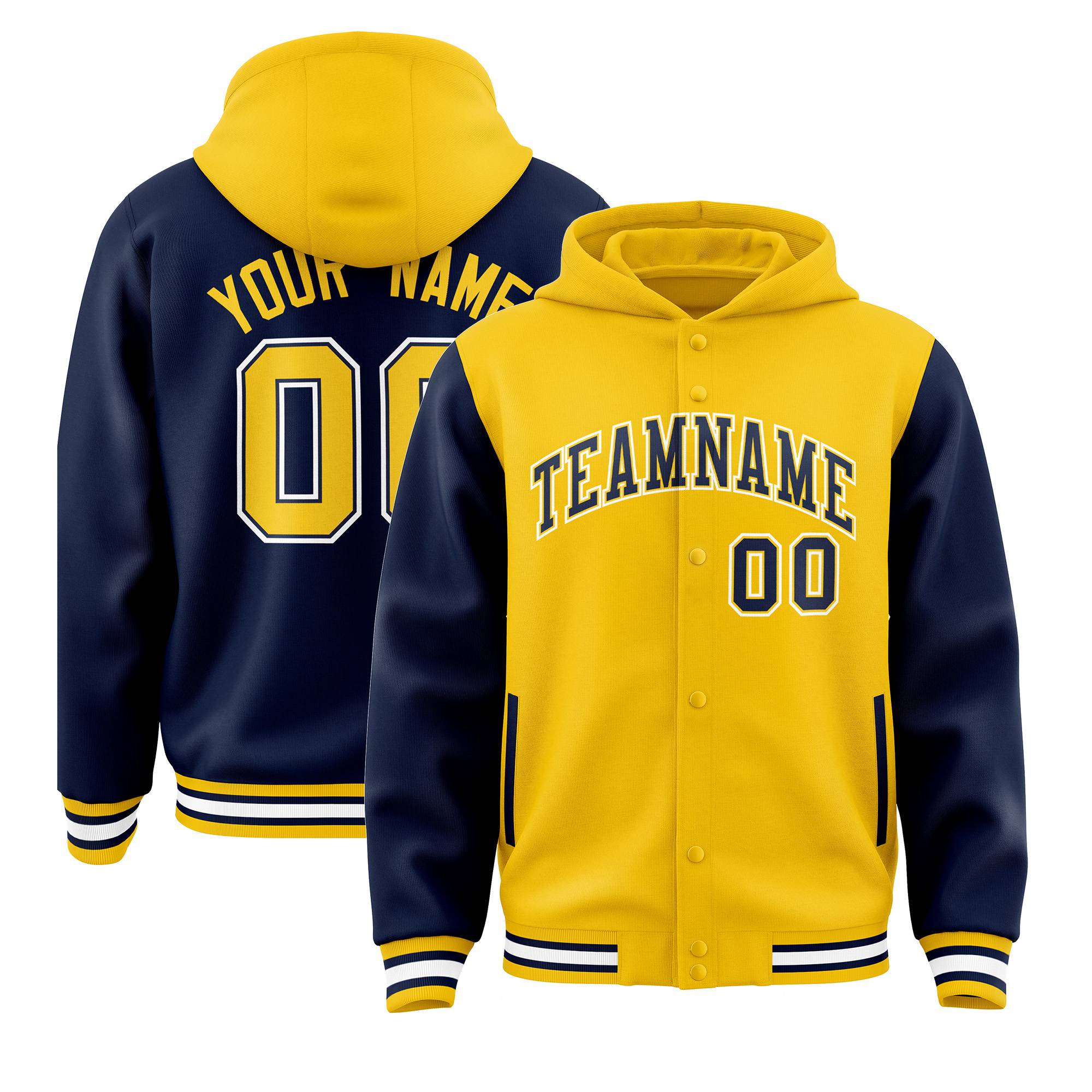 Custom Gold Navy Raglan Sleeves Varsity Full-Snap Letterman Two Tone Hoodie Jacket