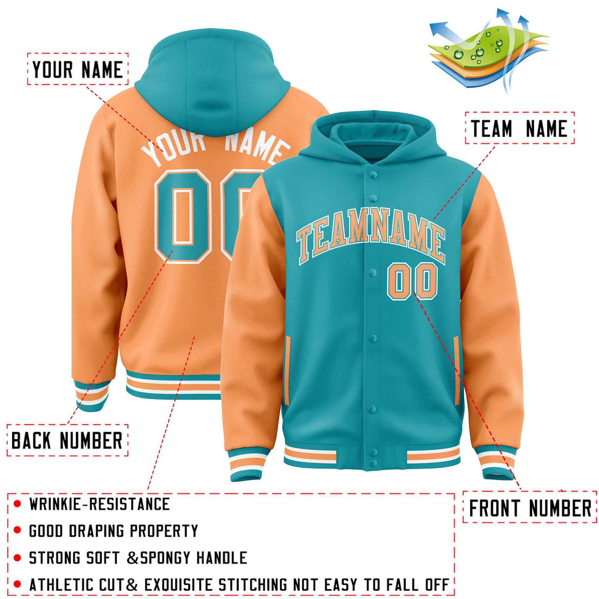 Custom Aqua Orange Raglan Sleeves Varsity Full-Snap Letterman Two Tone Hoodie Jacket