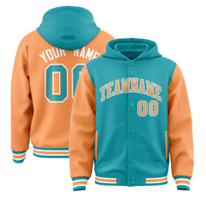 Custom Aqua Orange Raglan Sleeves Varsity Full-Snap Letterman Two Tone Hoodie Jacket