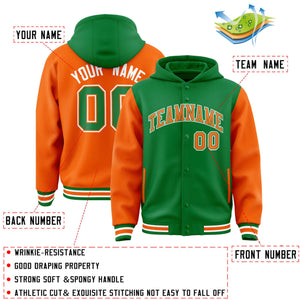 Custom Kelly Green Orange Raglan Sleeves Varsity Full-Snap Letterman Two Tone Hoodie Jacket