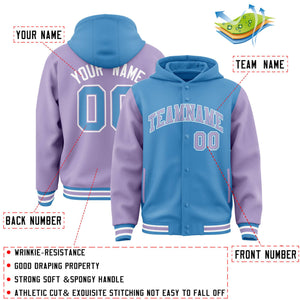 Custom Powder Blue Light Purple Raglan Sleeves Varsity Full-Snap Letterman Two Tone Hoodie Jacket