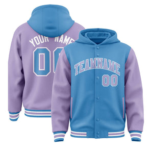 Custom Powder Blue Light Purple Raglan Sleeves Varsity Full-Snap Letterman Two Tone Hoodie Jacket