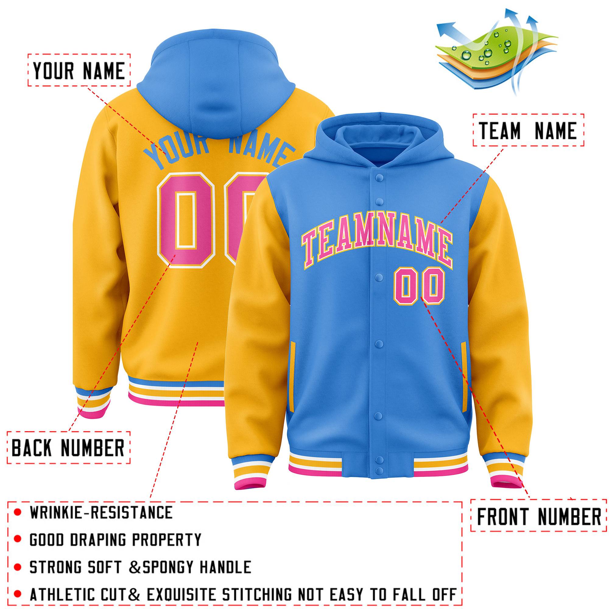 Custom Powder Blue Gold Raglan Sleeves Varsity Full-Snap Letterman Two Tone Hoodie Jacket