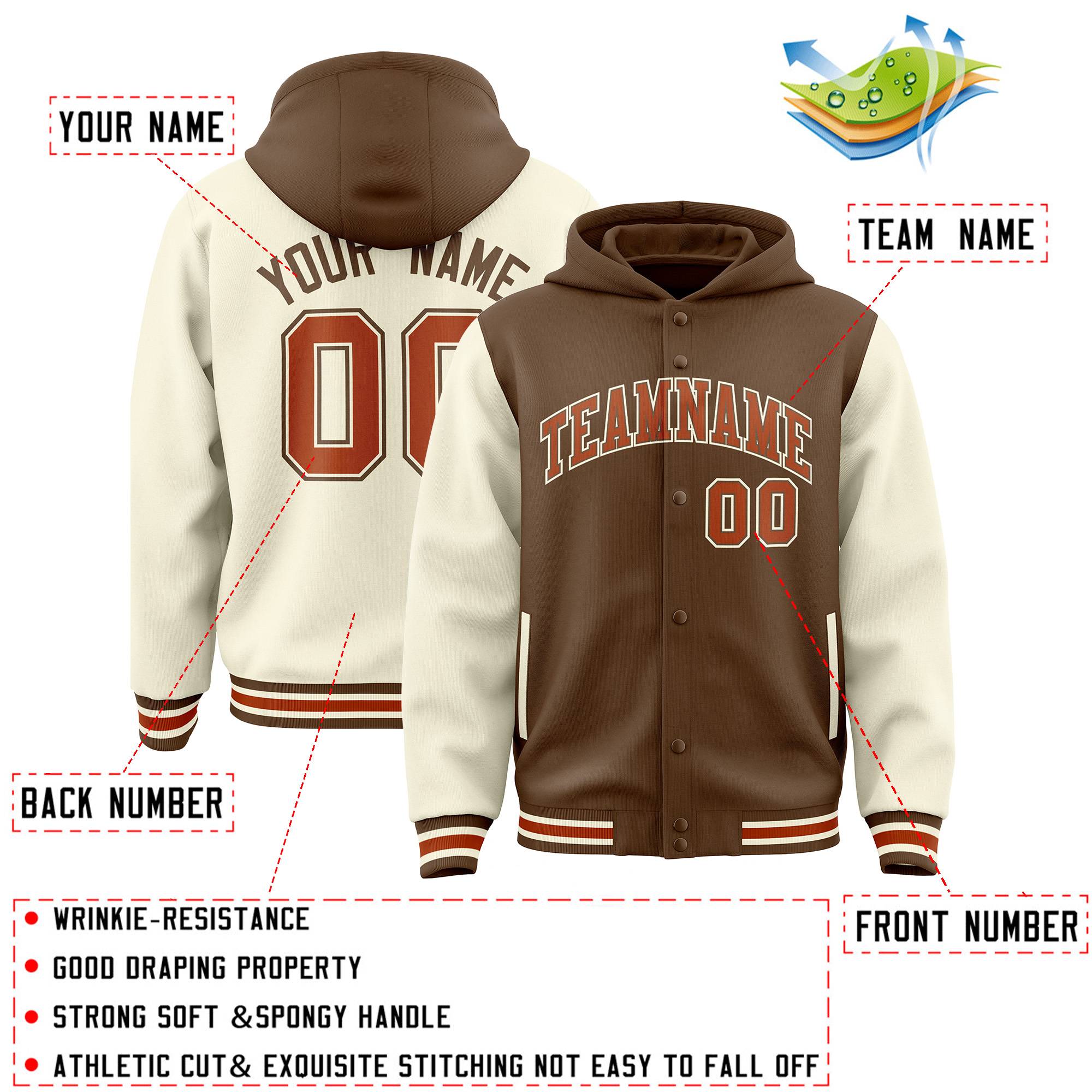 Custom Light Brown Cream Raglan Sleeves Varsity Full-Snap Letterman Two Tone Hoodie Jacket