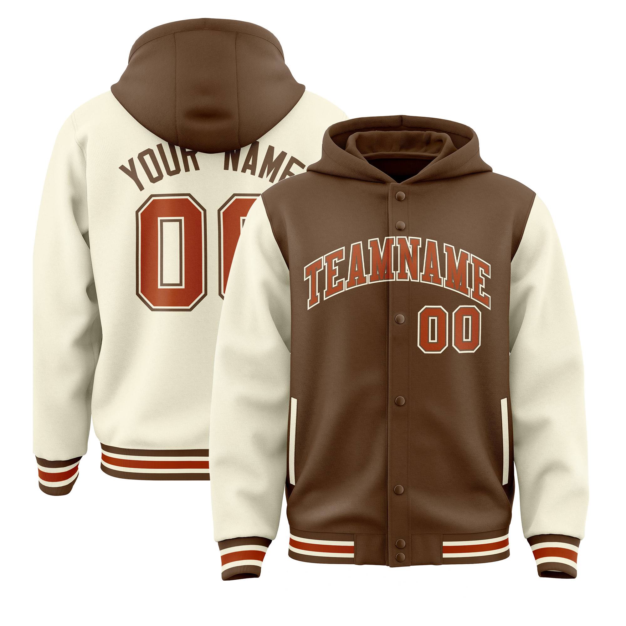 Custom Light Brown Cream Raglan Sleeves Varsity Full-Snap Letterman Two Tone Hoodie Jacket