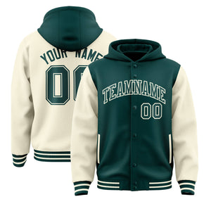 Custom Midnight Green Cream Raglan Sleeves Varsity Full-Snap Letterman Two Tone Hoodie Jacket