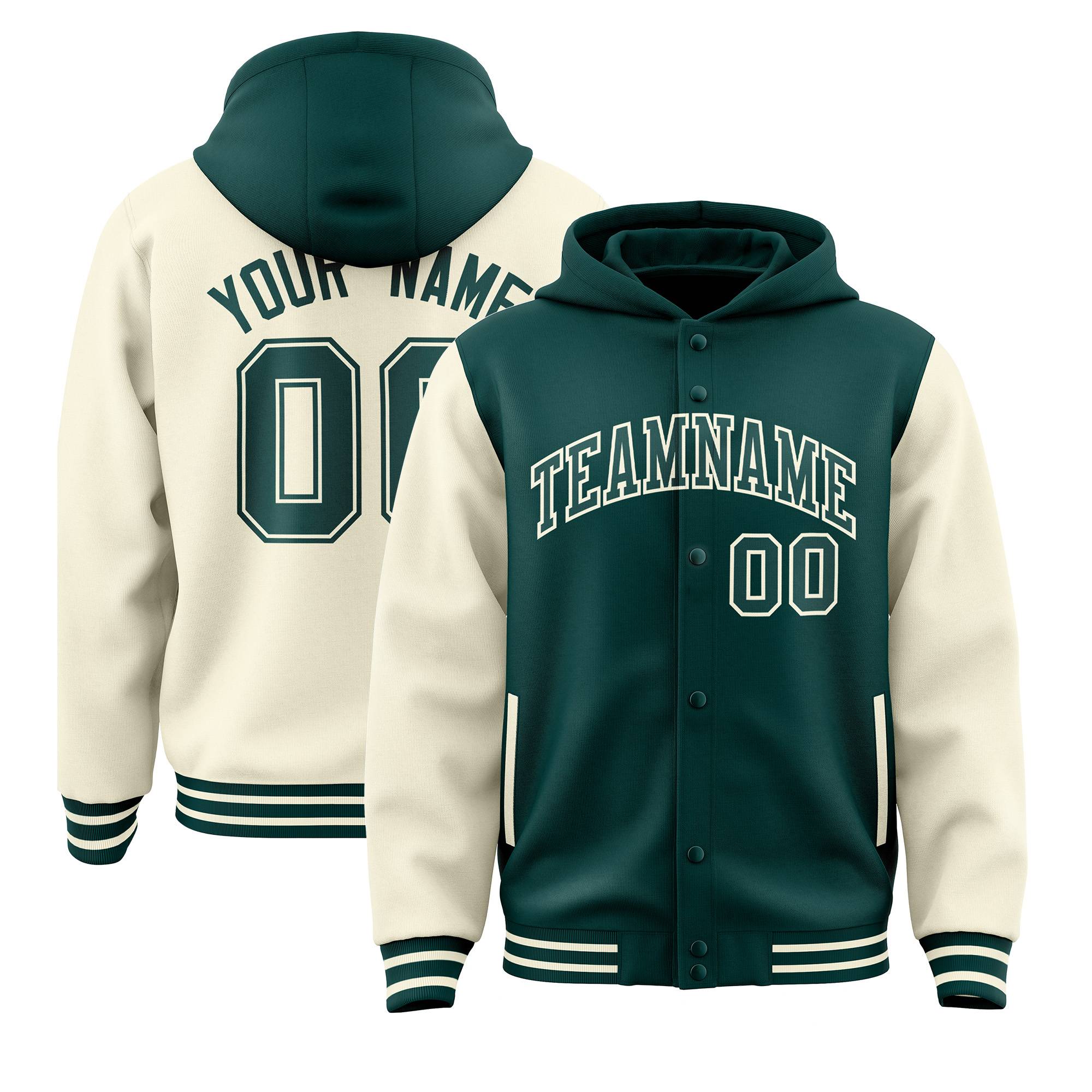 Custom Midnight Green Cream Raglan Sleeves Varsity Full-Snap Letterman Two Tone Hoodie Jacket