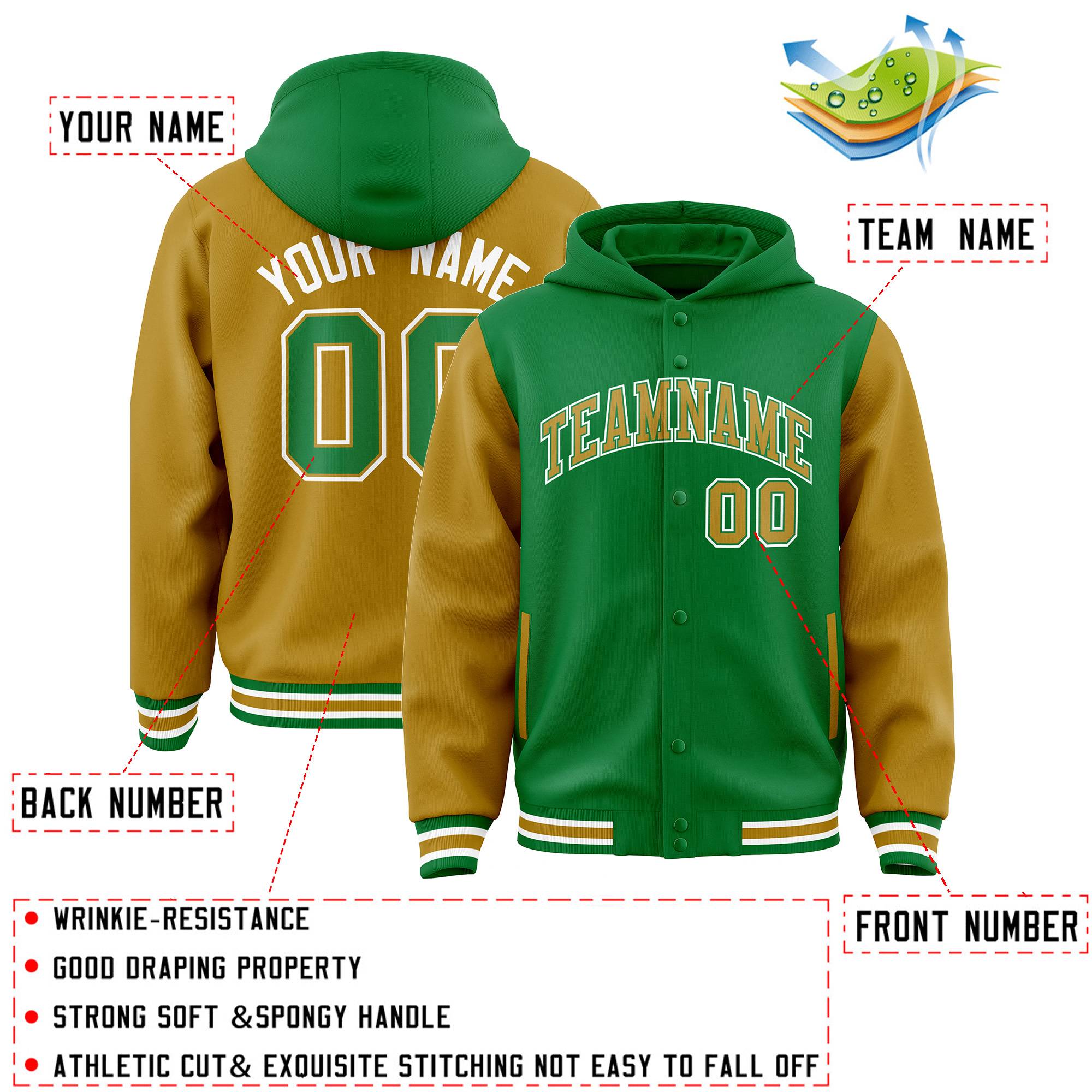 Custom Kelly Green Old Gold Raglan Sleeves Varsity Full-Snap Letterman Two Tone Hoodie Jacket