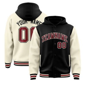 Custom Black Cream Raglan Sleeves Varsity Full-Snap Letterman Two Tone Hoodie Jacket