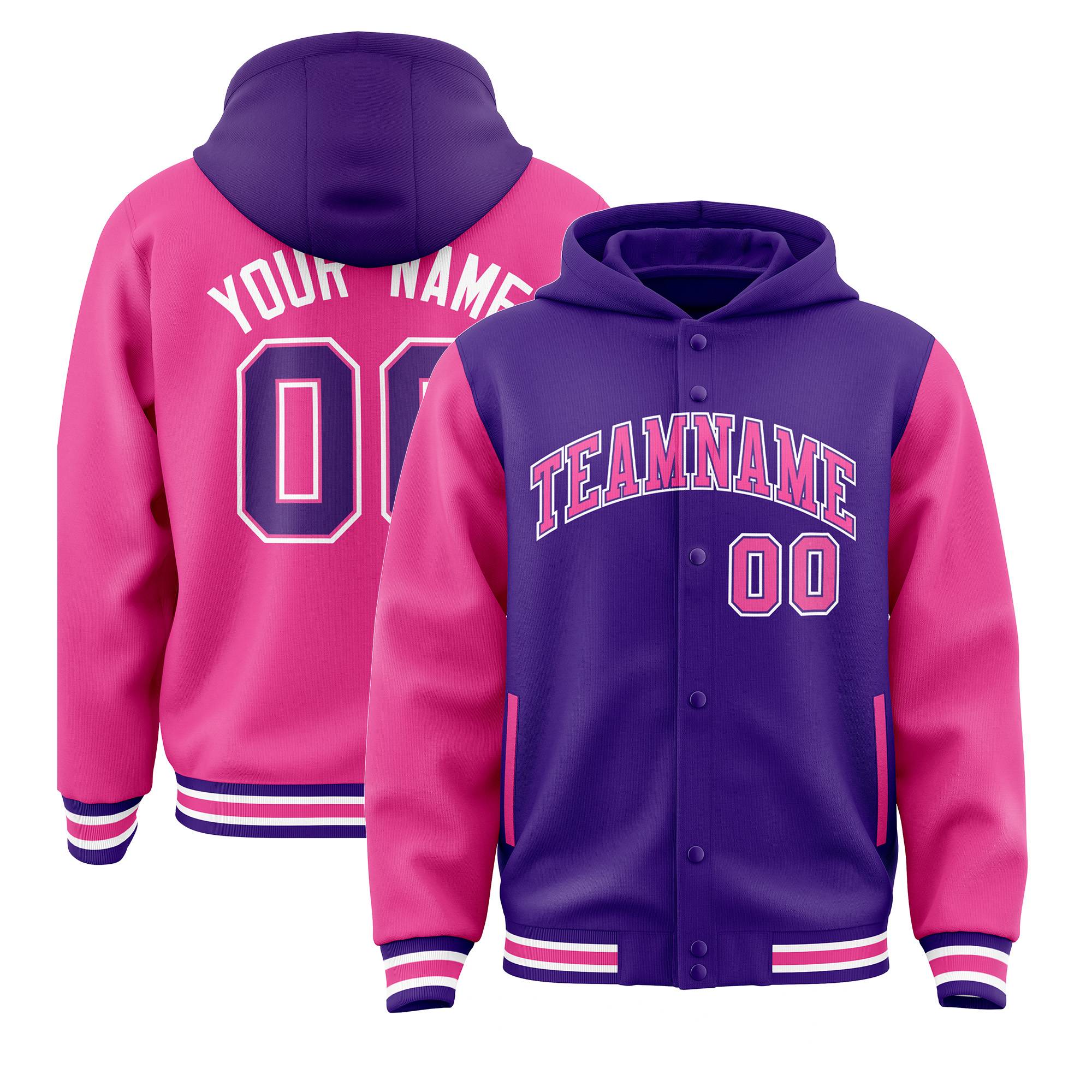 Custom Purple Pink Raglan Sleeves Varsity Full-Snap Letterman Two Tone Hoodie Jacket