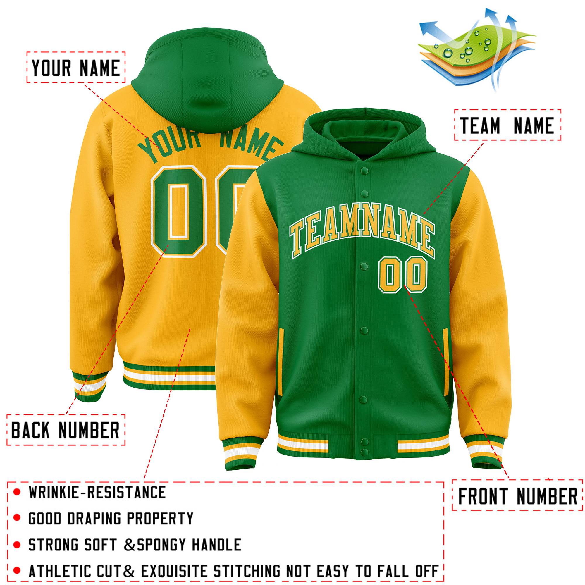 Custom Kelly Green Gold Raglan Sleeves Varsity Full-Snap Letterman Two Tone Hoodie Jacket