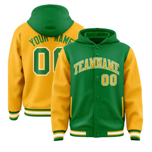 Custom Kelly Green Gold Raglan Sleeves Varsity Full-Snap Letterman Two Tone Hoodie Jacket