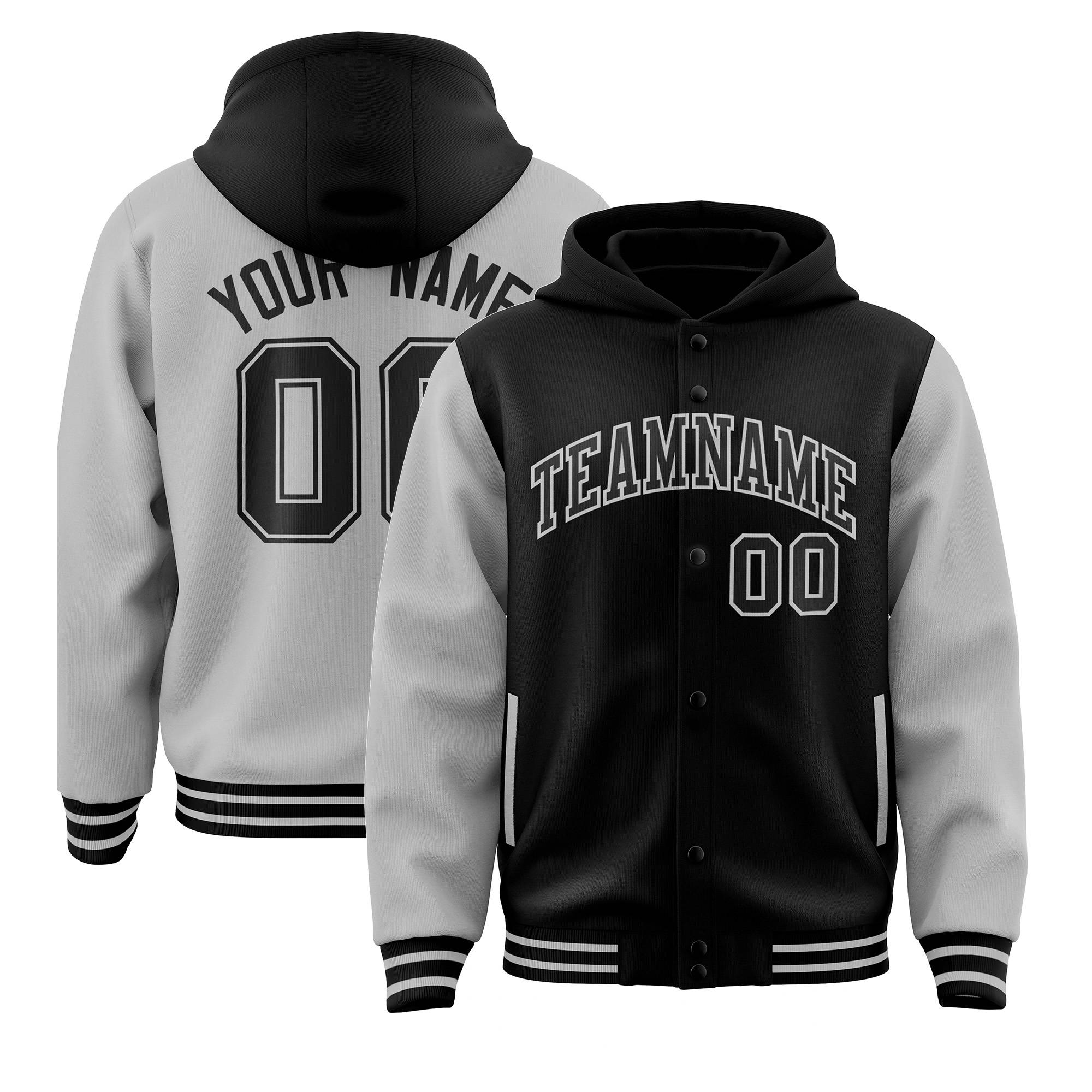 Custom Black Gray Raglan Sleeves Varsity Full-Snap Letterman Two Tone Hoodie Jacket