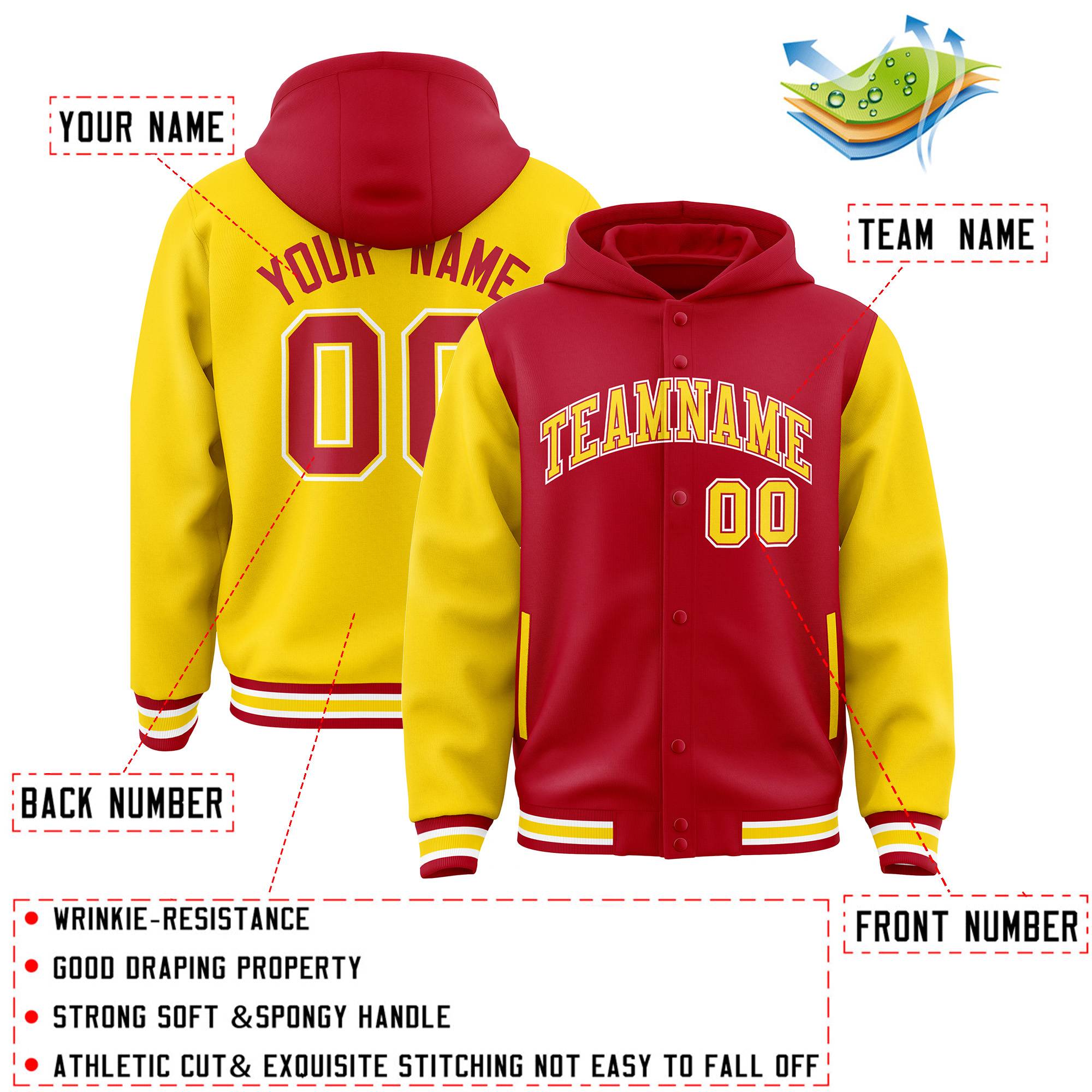 Custom Red Gold Raglan Sleeves Varsity Full-Snap Letterman Two Tone Hoodie Jacket