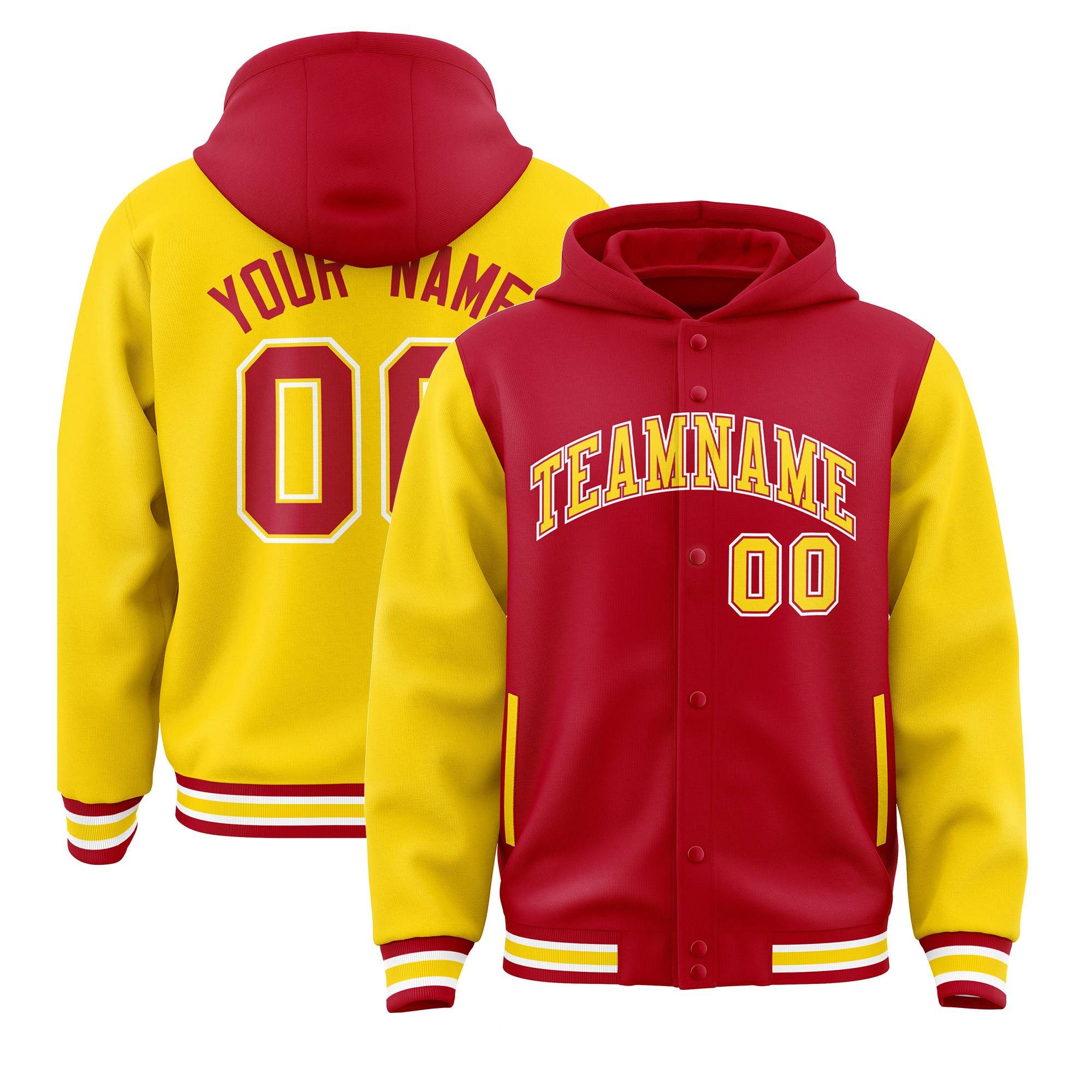 Custom Red Gold Raglan Sleeves Varsity Full-Snap Letterman Two Tone Hoodie Jacket