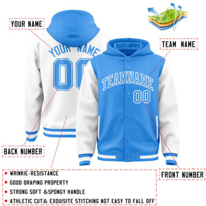 Custom Powder Blue White Raglan Sleeves Varsity Full-Snap Letterman Two Tone Hoodie Jacket