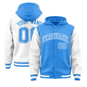 Custom Powder Blue White Raglan Sleeves Varsity Full-Snap Letterman Two Tone Hoodie Jacket