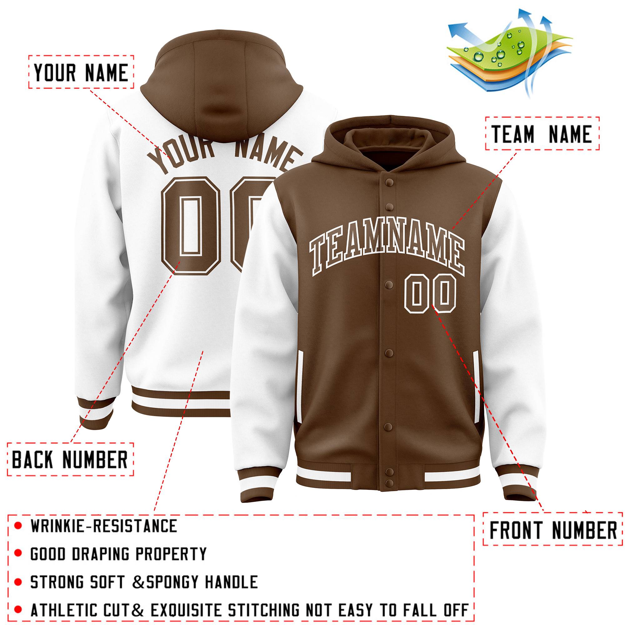 Custom Light Brown White Raglan Sleeves Varsity Full-Snap Letterman Two Tone Hoodie Jacket