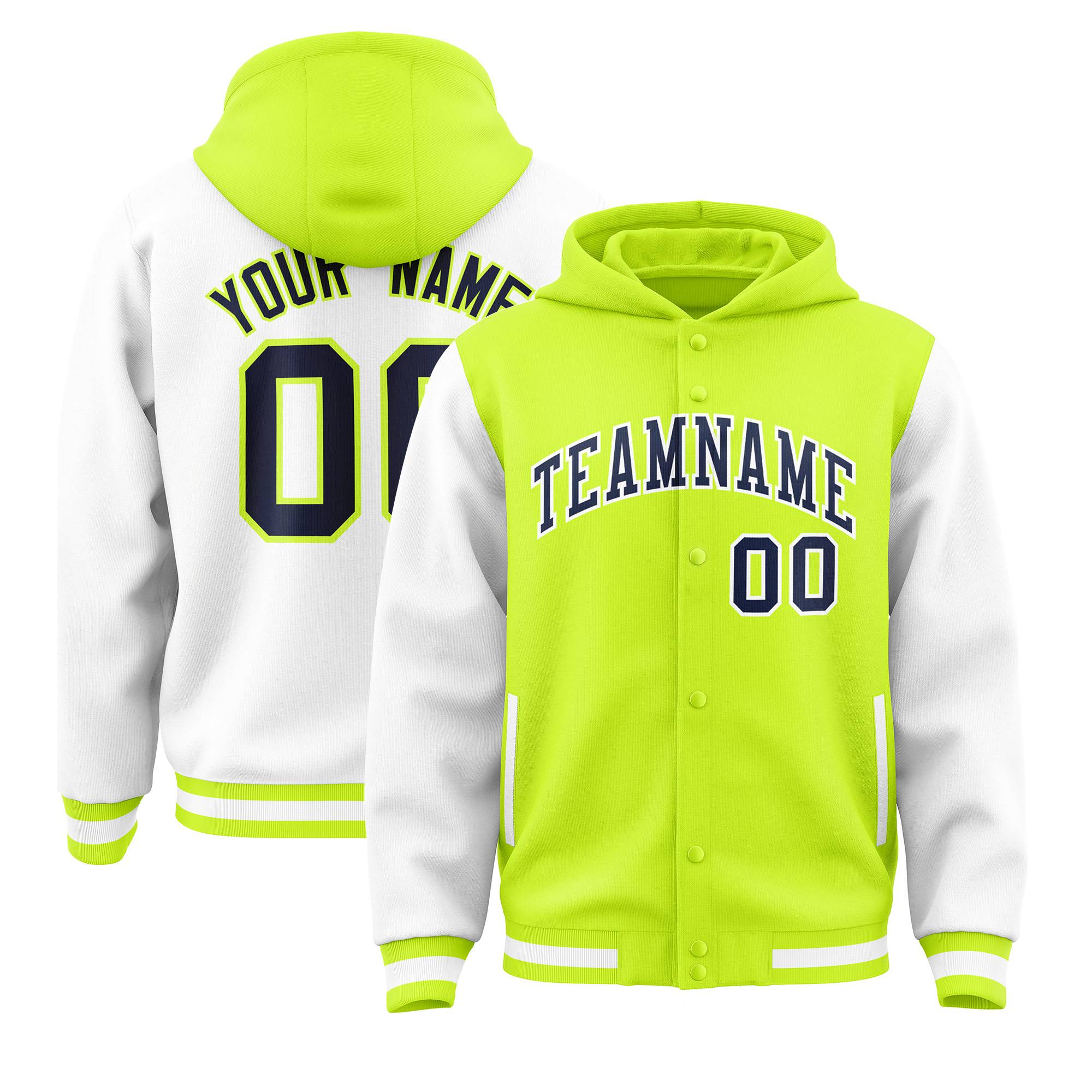 Custom Neon Green White Raglan Sleeves Varsity Full-Snap Letterman Two Tone Hoodie Jacket