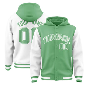 Custom Green White Raglan Sleeves Varsity Full-Snap Letterman Two Tone Hoodie Jacket