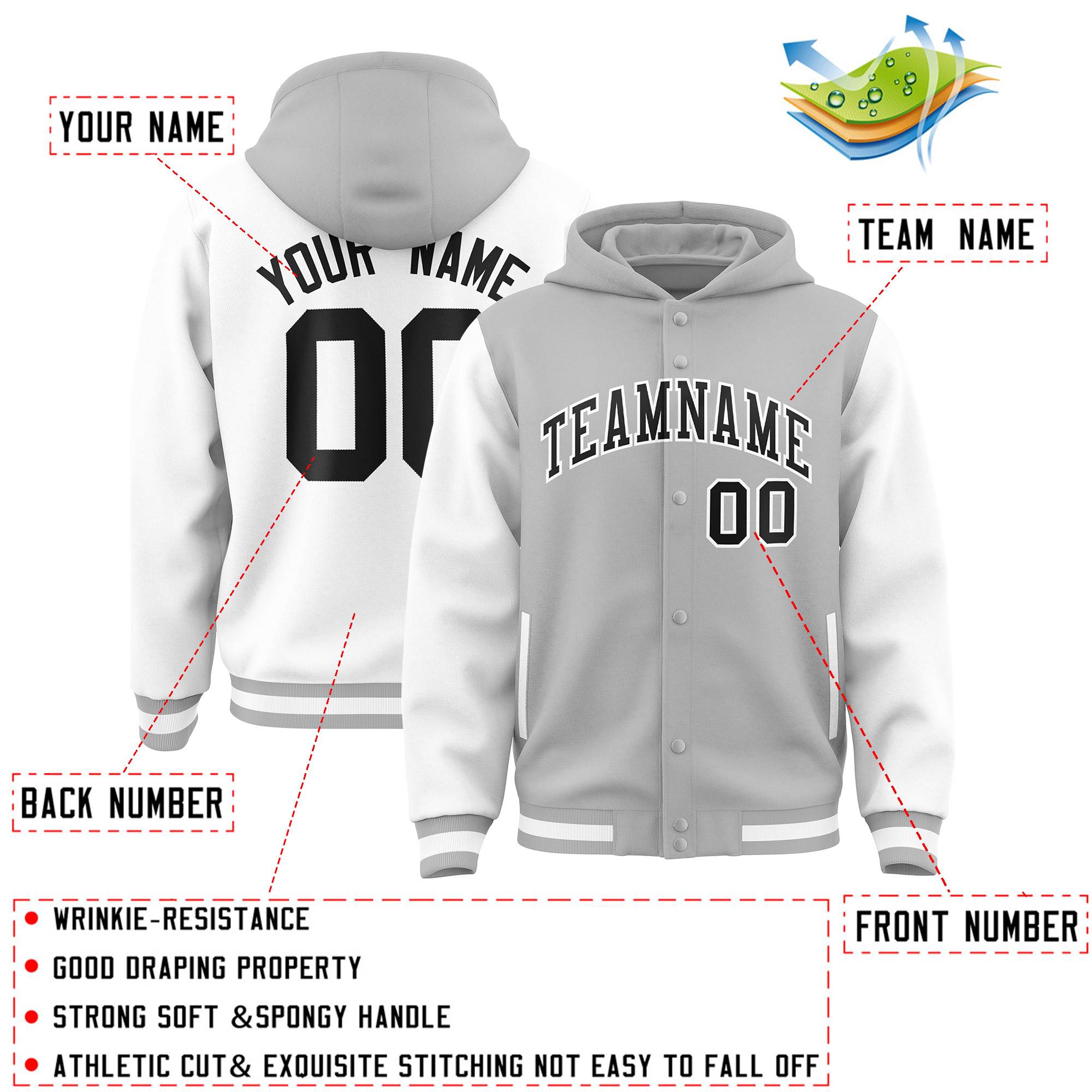 Custom Gray White Raglan Sleeves Varsity Full-Snap Letterman Two Tone Hoodie Jacket