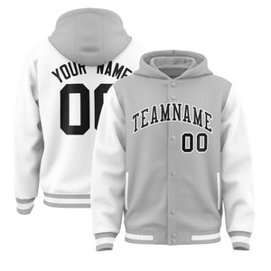 Custom Gray White Raglan Sleeves Varsity Full-Snap Letterman Two Tone Hoodie Jacket