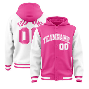 Custom Pink White Raglan Sleeves Varsity Full-Snap Letterman Two Tone Hoodie Jacket