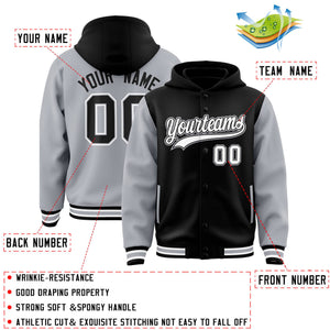 Custom Black Gray Raglan Sleeves Varsity Full-Snap Letterman Two Tone Hoodie Jacket