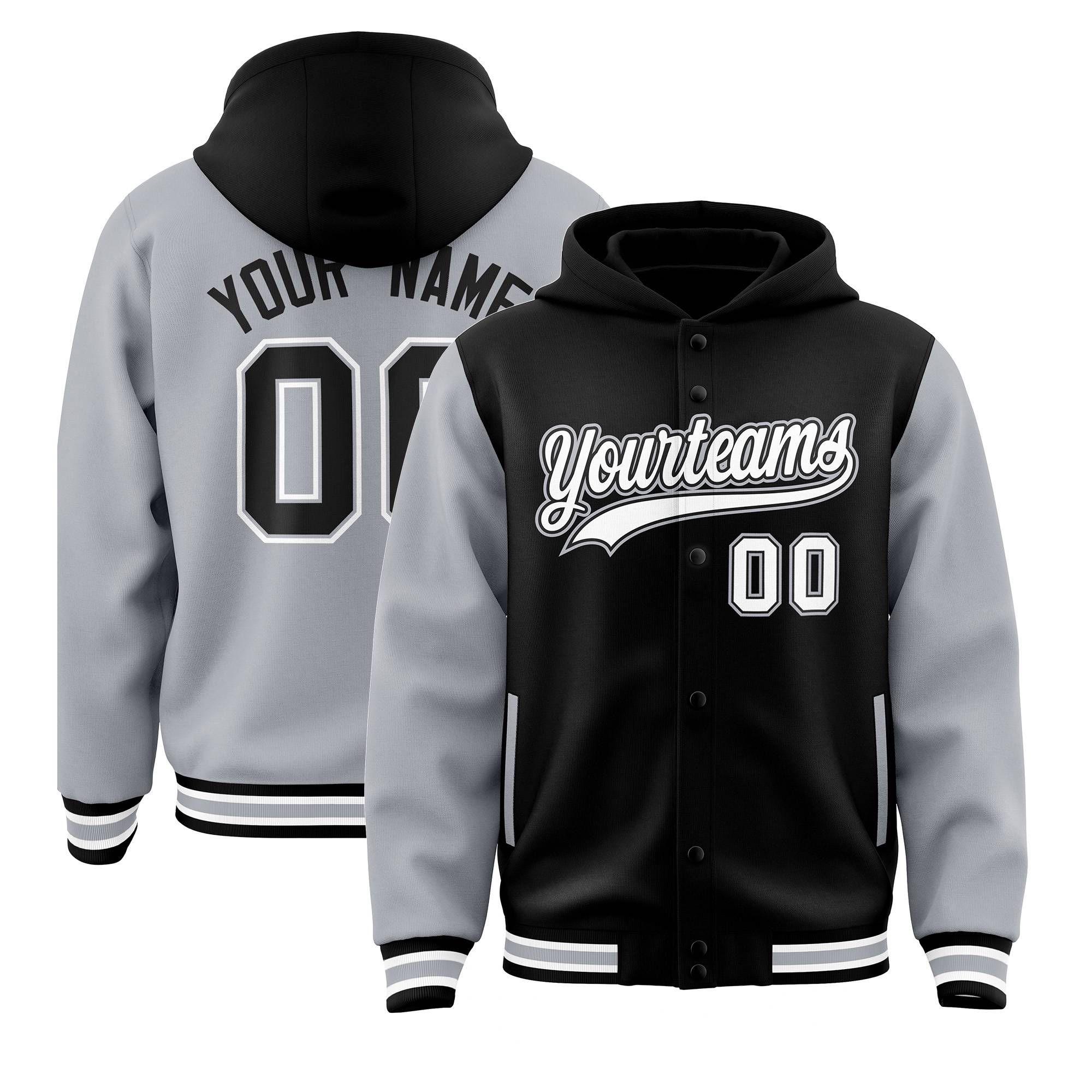 Custom Black Gray Raglan Sleeves Varsity Full-Snap Letterman Two Tone Hoodie Jacket