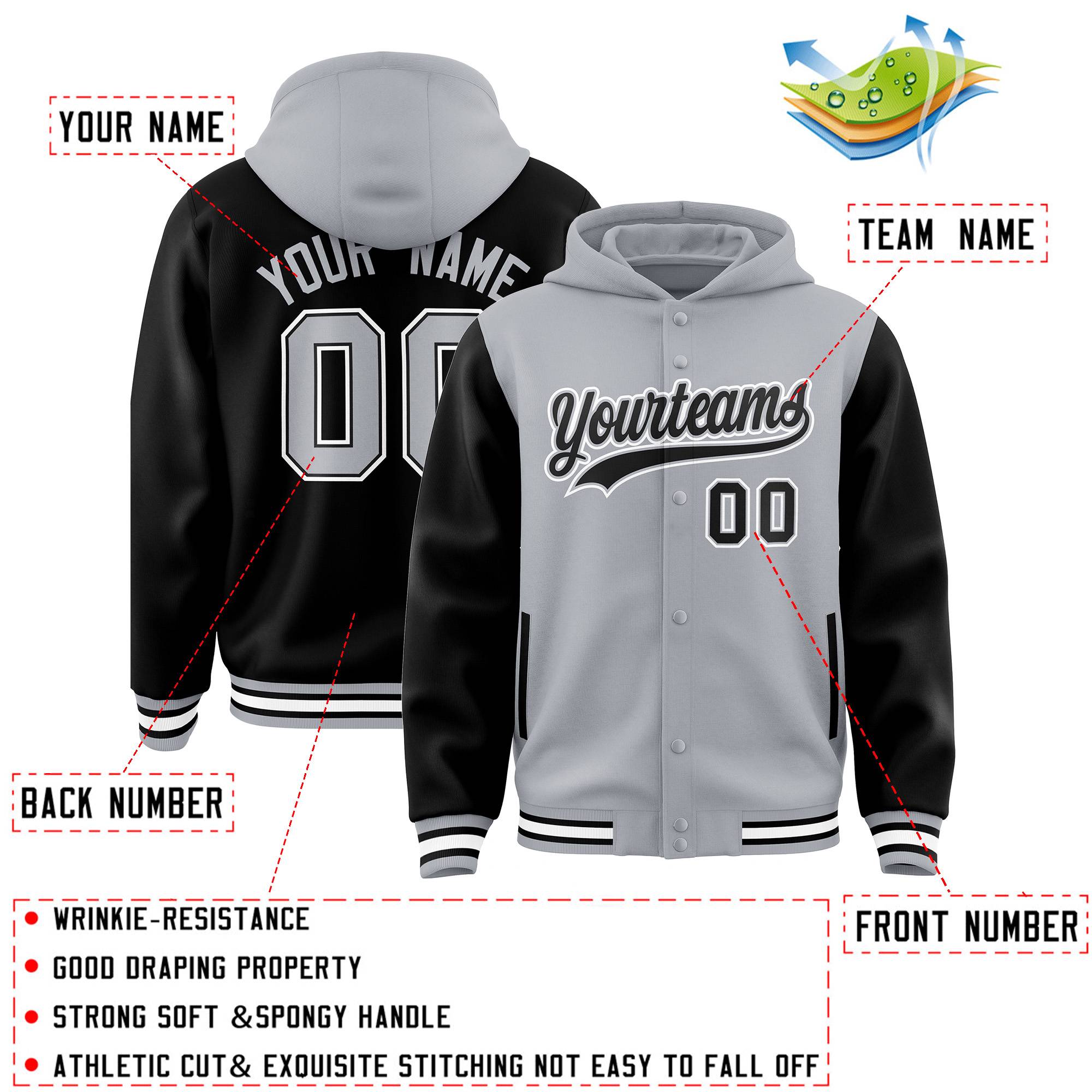 Custom Gray Black Raglan Sleeves Varsity Full-Snap Letterman Two Tone Hoodie Jacket