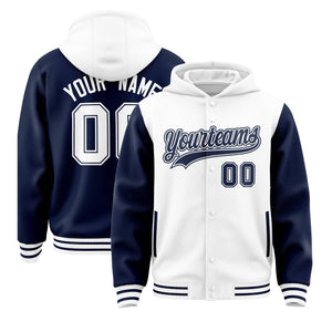 Custom White Navy Raglan Sleeves Varsity Full-Snap Letterman Two Tone Hoodie Jacket