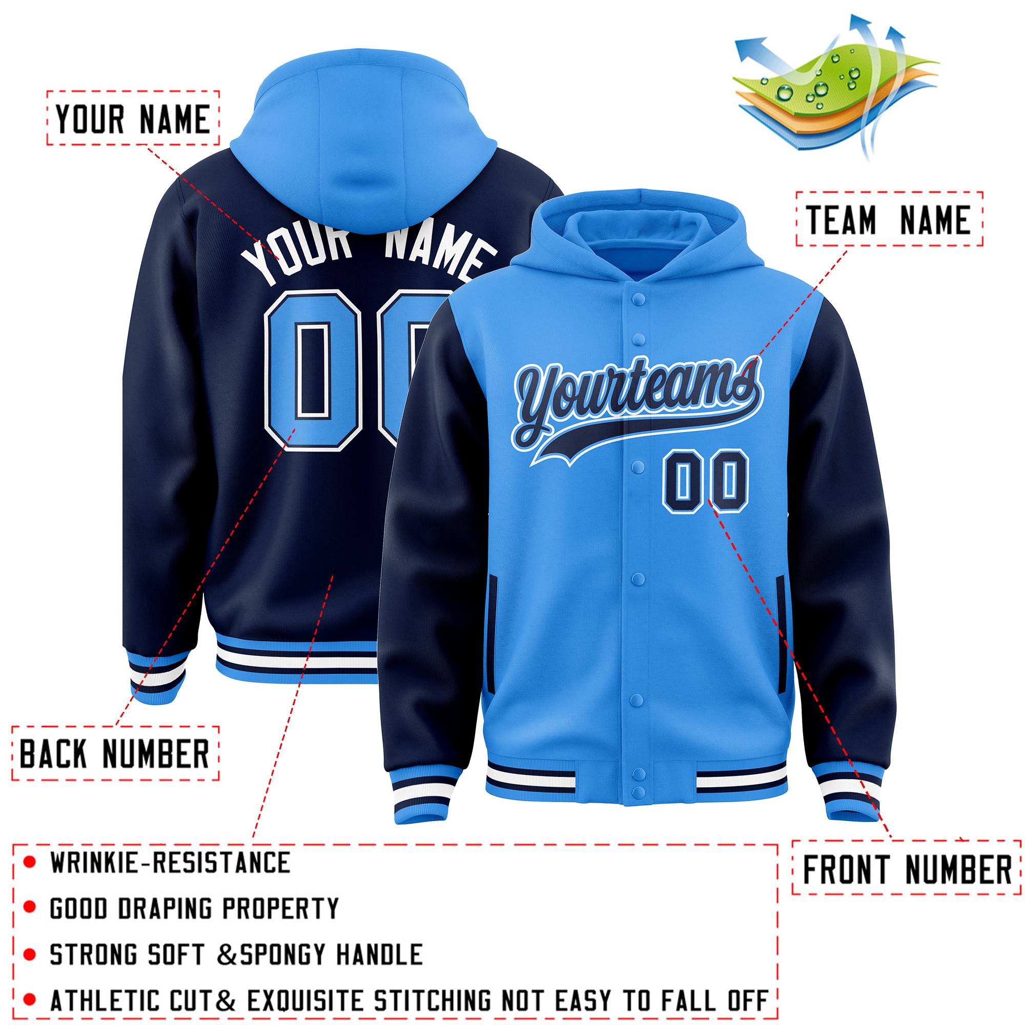 Custom Powder Blue Navy Raglan Sleeves Varsity Full-Snap Letterman Two Tone Hoodie Jacket