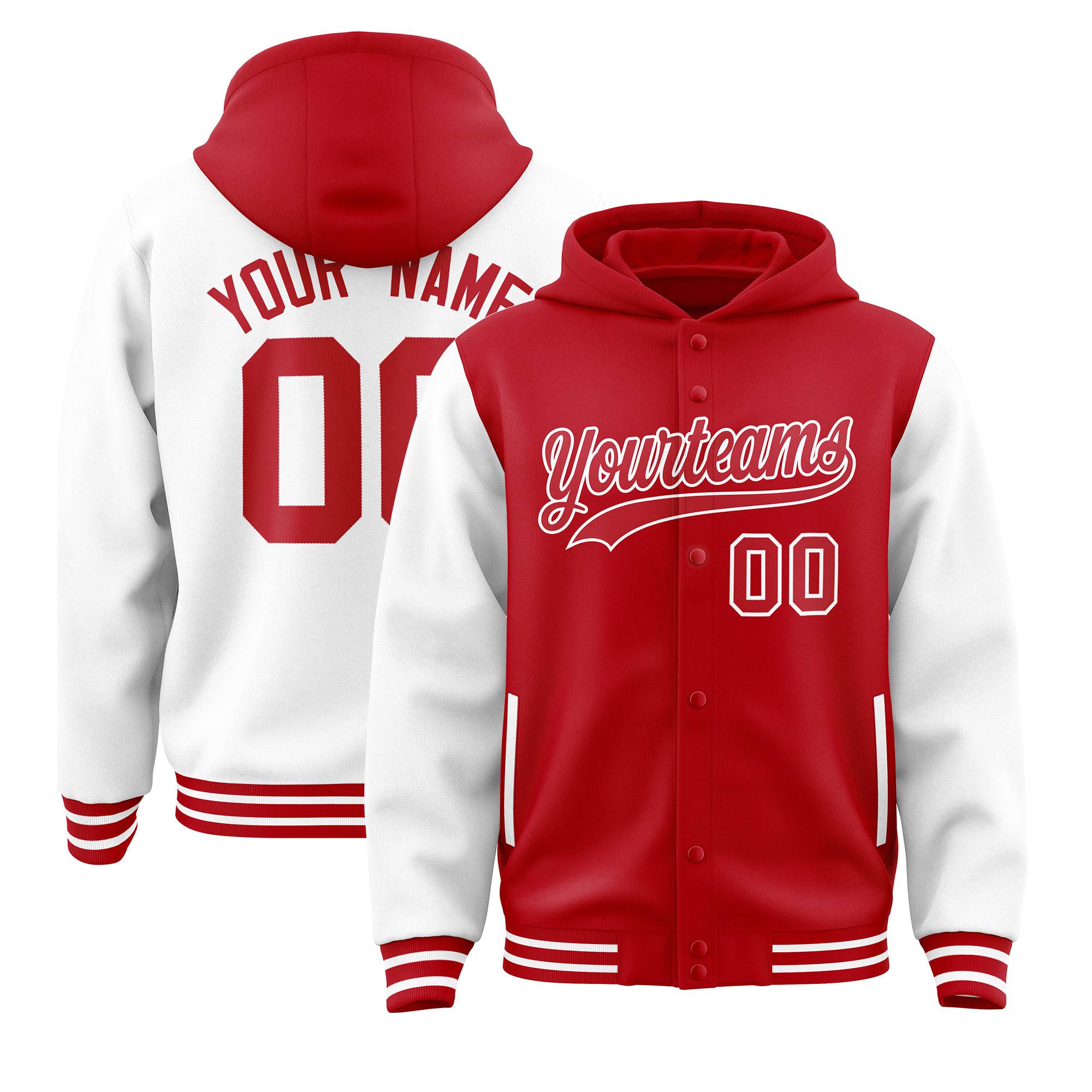 Custom Red White Raglan Sleeves Varsity Full-Snap Letterman Two Tone Hoodie Jacket