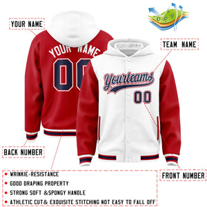 Custom White Red Raglan Sleeves Varsity Full-Snap Letterman Two Tone Hoodie Jacket