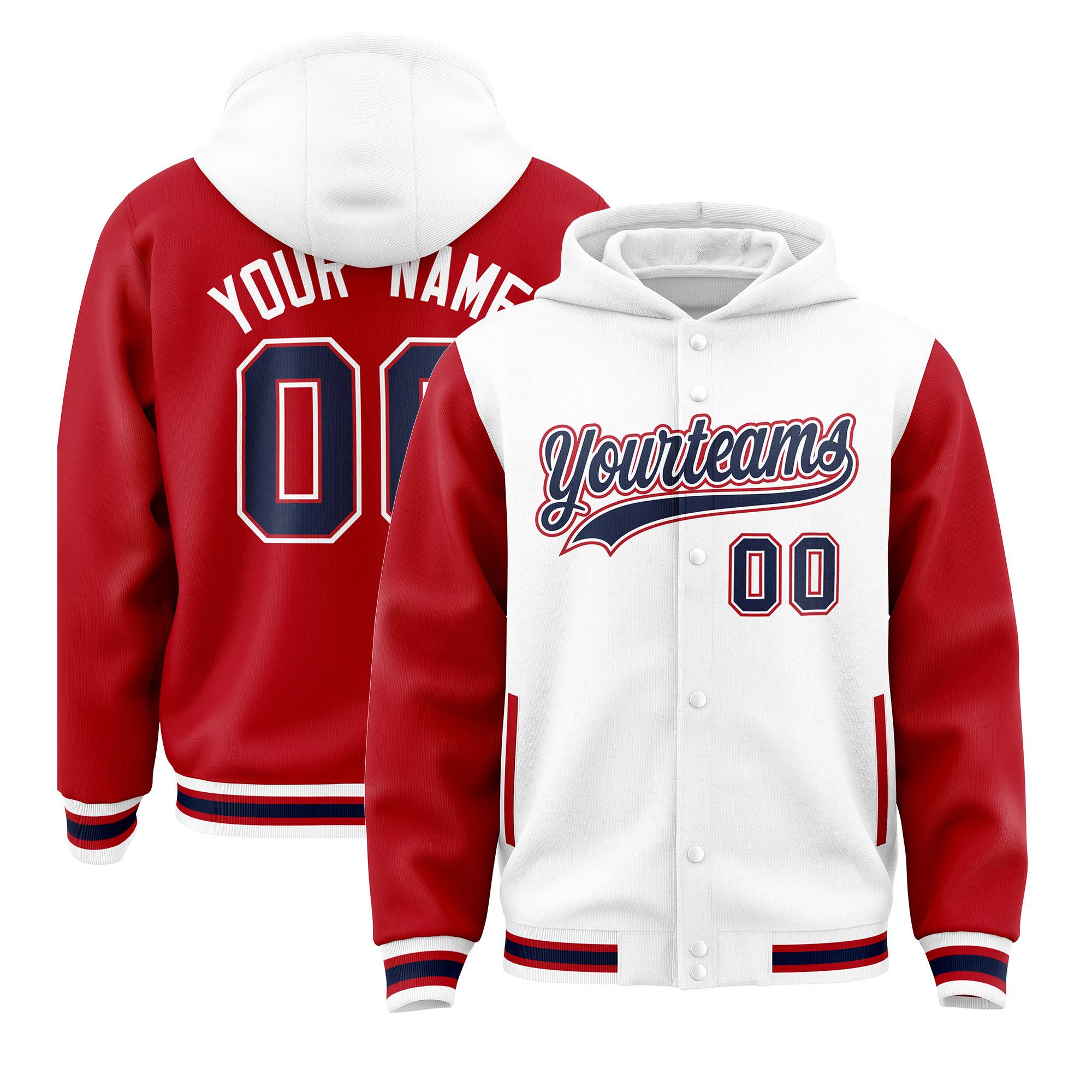 Custom White Red Raglan Sleeves Varsity Full-Snap Letterman Two Tone Hoodie Jacket