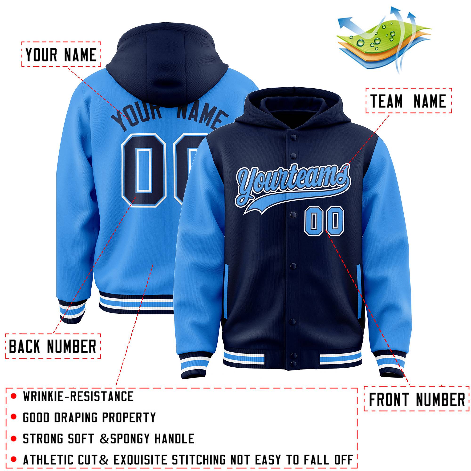 Custom Navy Powder Blue Raglan Sleeves Varsity Full-Snap Letterman Two Tone Hoodie Jacket