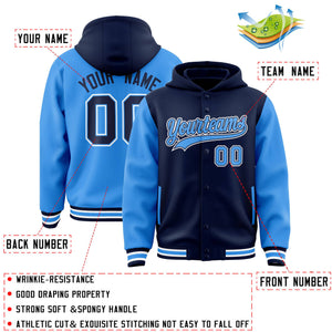 Custom Navy Powder Blue Raglan Sleeves Varsity Full-Snap Letterman Two Tone Hoodie Jacket