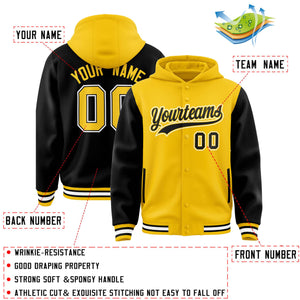 Custom Gold Black Raglan Sleeves Varsity Full-Snap Letterman Two Tone Hoodie Jacket